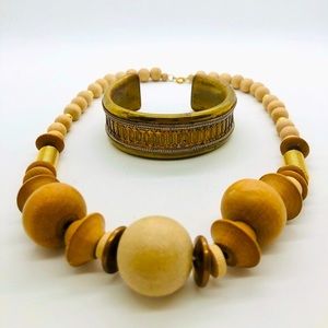 Vintage Wood Necklace & Brass Cuff Bracelet